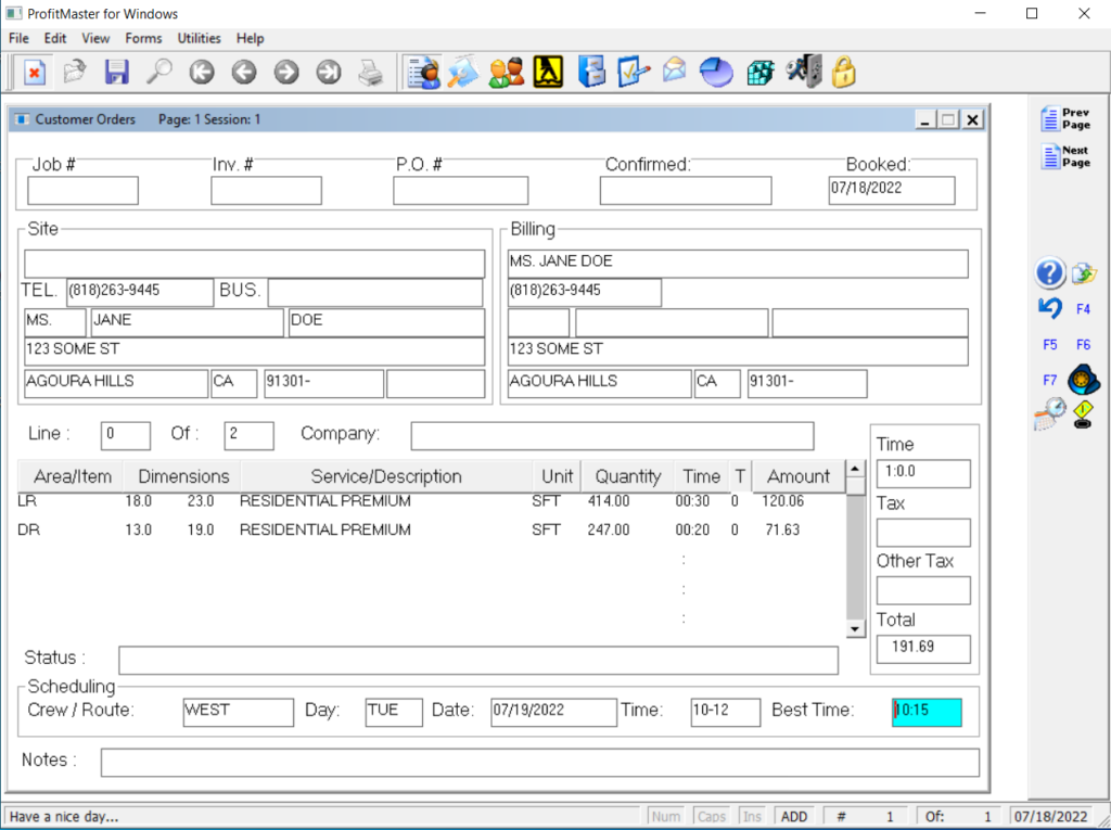 ProfitMaster Order Entry Screen